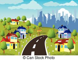 Suburban Houses   Cartoon Illustration Of A City Suburb With