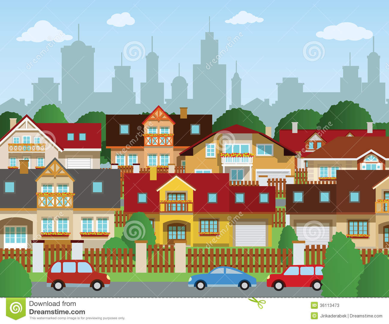 Vector Illustration Of Suburban Houses  Summer