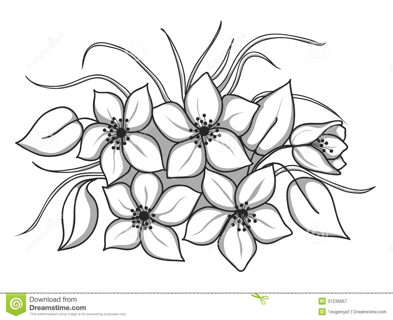 Black And White Bouquet Of Flowers With Leaves And Grass Royalty