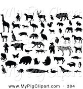 Clipart Of A Digital Group Of Silhouetted And Black And White Animals    
