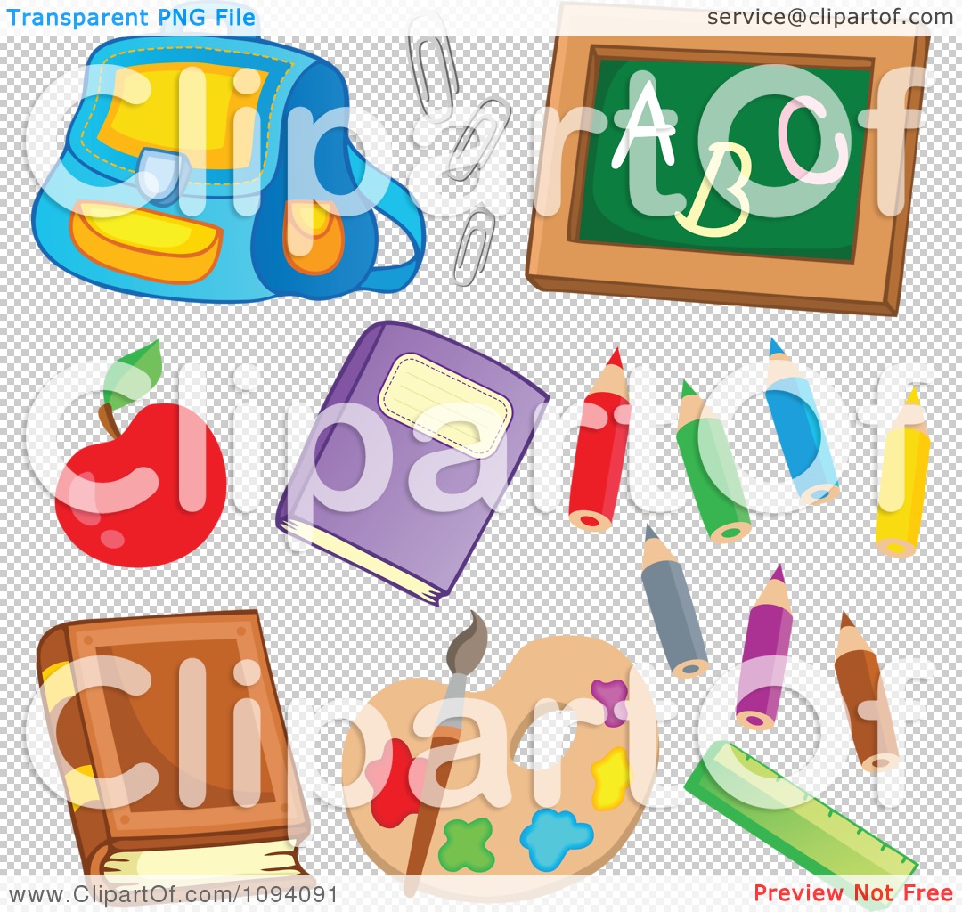 Clipart School Back Pack Paperclips Chalkboard Apple Books Colored    