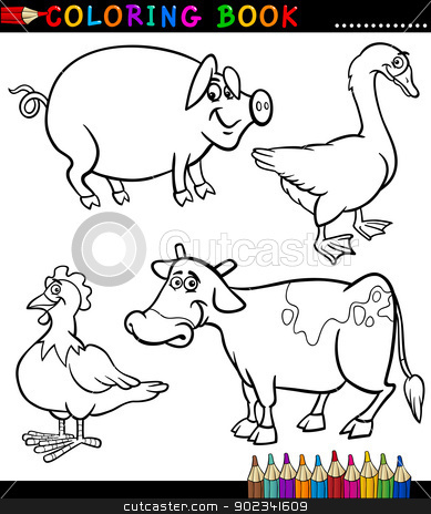 Farm Animals For Coloring Book Stock Vector Clipart Black And White    