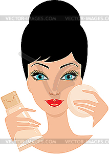 Young Woman With Foundation Cream And Cosmetic S   Vector Clip Art