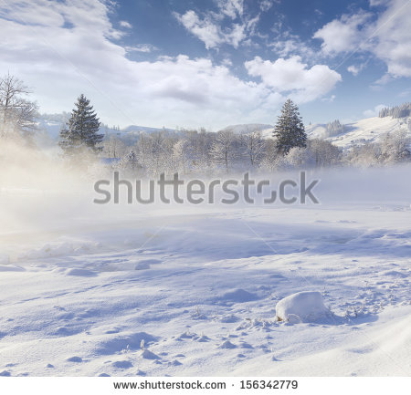 Beautiful Winter Landscape In The Mountain Village  Foggy Morning