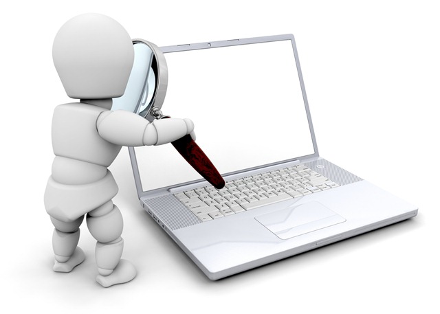 Clipart Illustration Of A White Character Inspecting A Laptop Computer
