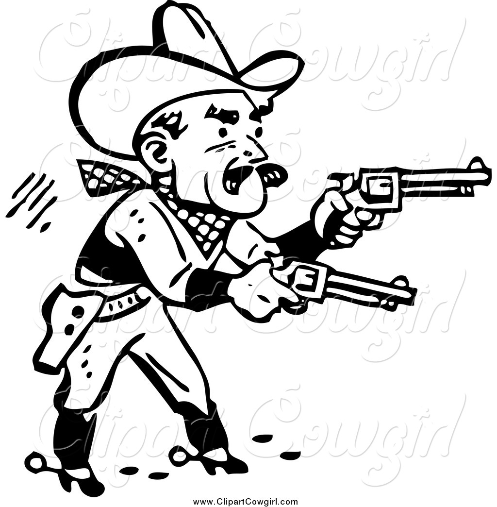 Clipart Of A Black And White Retro Cowboy Shooting Pistols By    