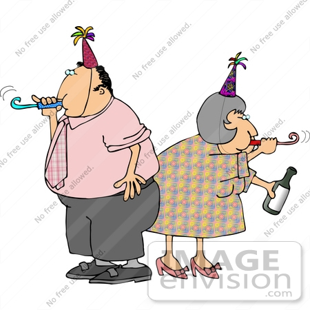 Man And Woman Partying With Party Hats And Blowers Clipart    14930 By