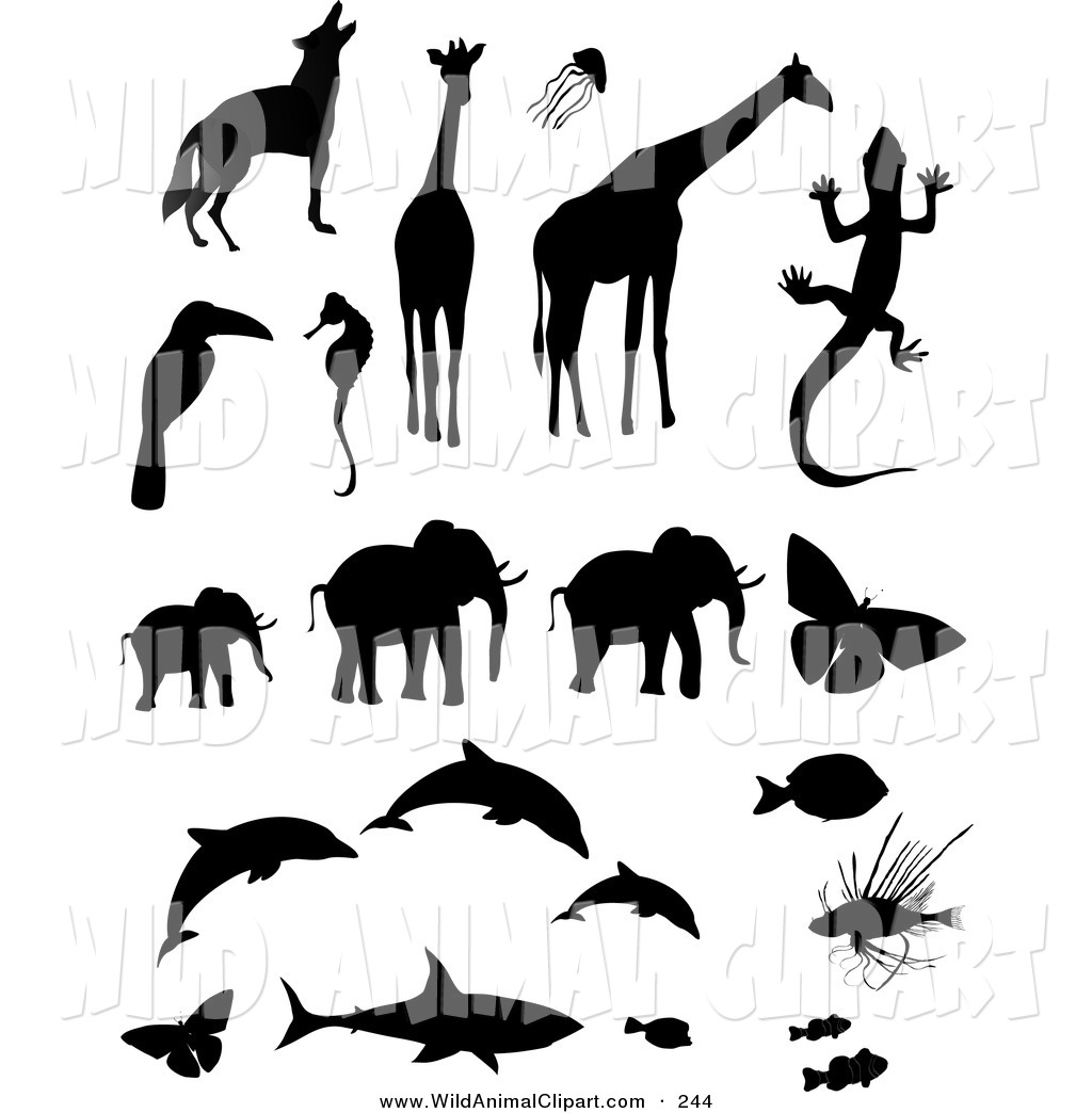 Set Of Black Animal Silhouettes Including A Wolf Or Coyote Giraffes    