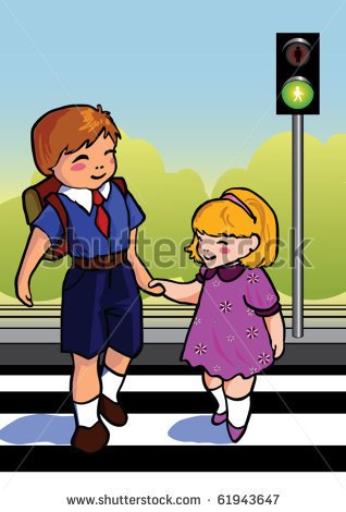 Two Children Use A Cross Walk To Cross The Street    Stock Vector