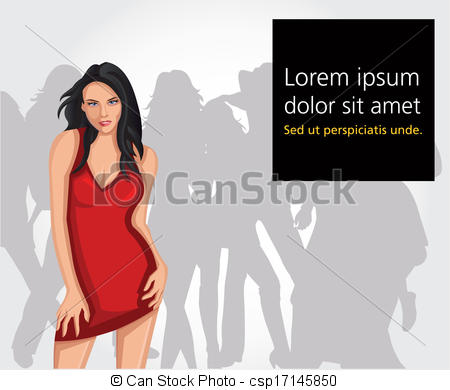 Vector   Brunet Woman Partying In Red Dress   Stock Illustration