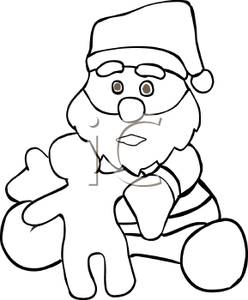 Black And White Cartoon Santa Holding A Gingerbread Cookie Royalty