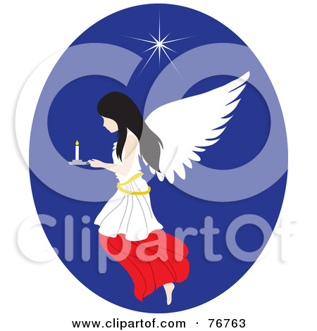 Black Haired Female Angel Flying In A Blue Oval With A Candle And Star