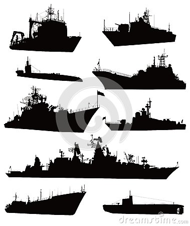 High Detailed Military Ship Silhouettes Set  Vector
