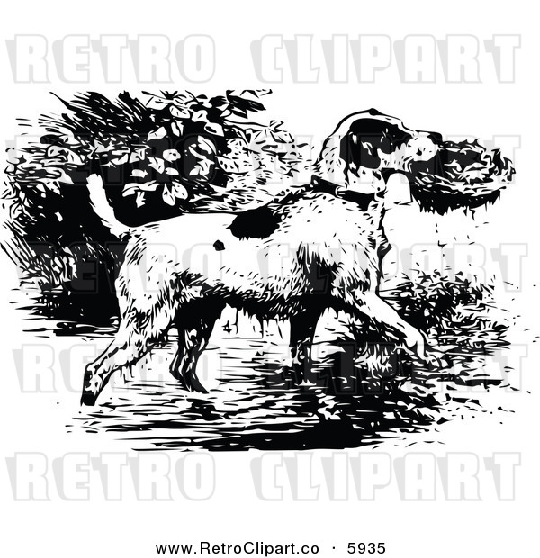 Vector Clipart Of A Retro Black And White Dog Rescuing A Bird Nest By