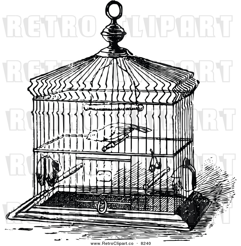 Vector Clipart Of A Retro Black And White Pet Bird In A Cage