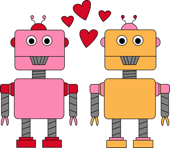 Robot Love Valentine Clip Art   Two Robots Standing Side By Side With