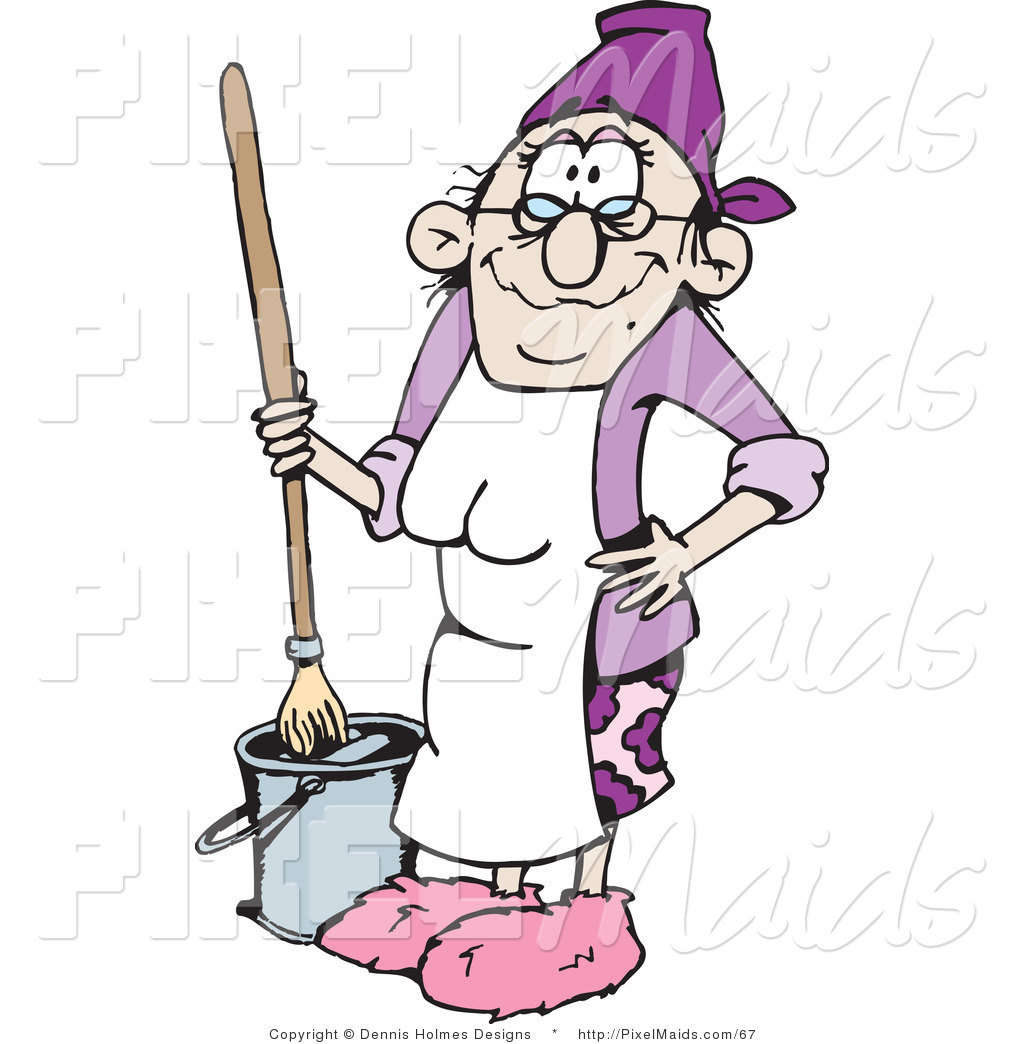 Clipart Of A Senior Woman Mopping A Floor And Wearing A White Apron