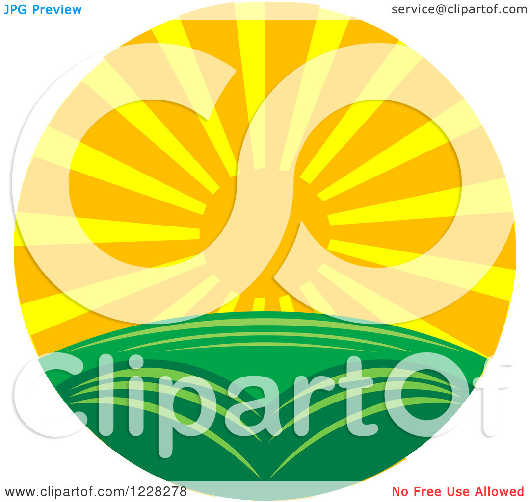 Clipart Of A Summer Sunset Over A Green Landscape   Royalty Free