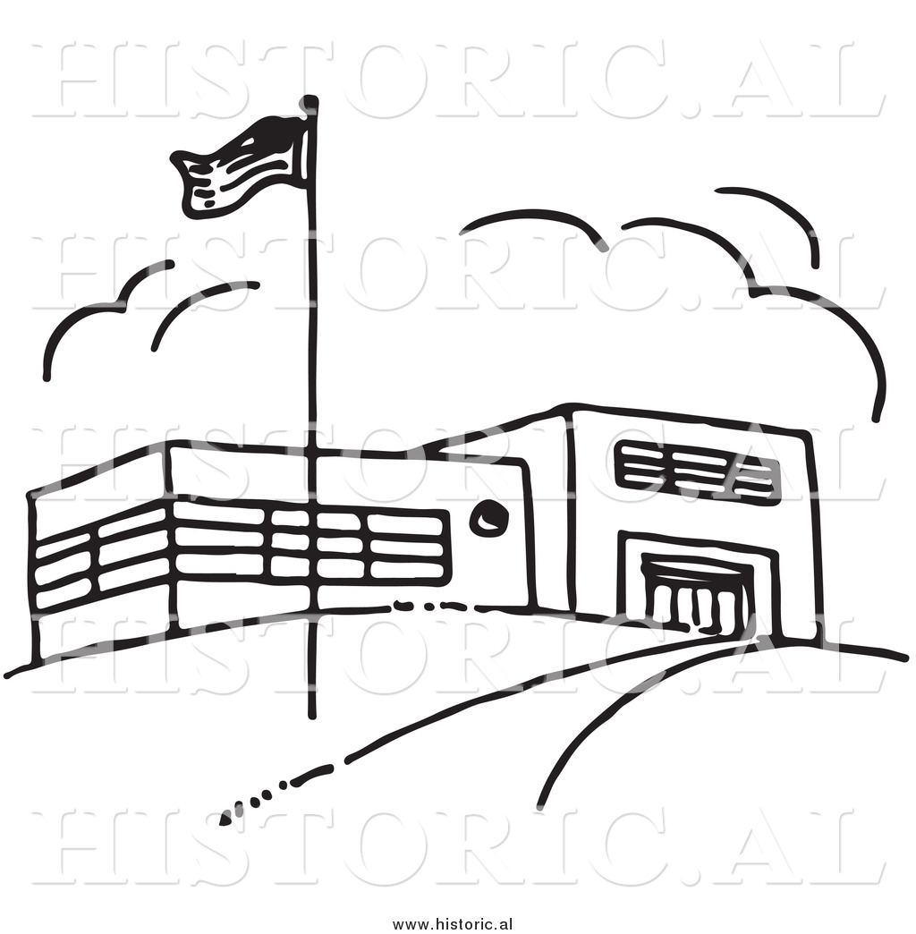Clipart Of An American Flag Beside School Building   Black And White
