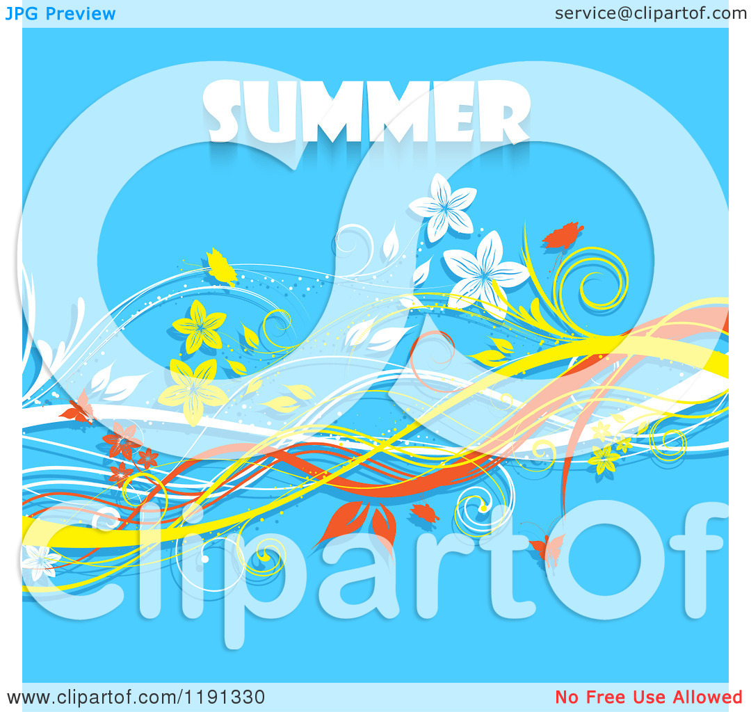 Clipart Of Summer Text Over Floral Vine Waves On Blue   Royalty Free