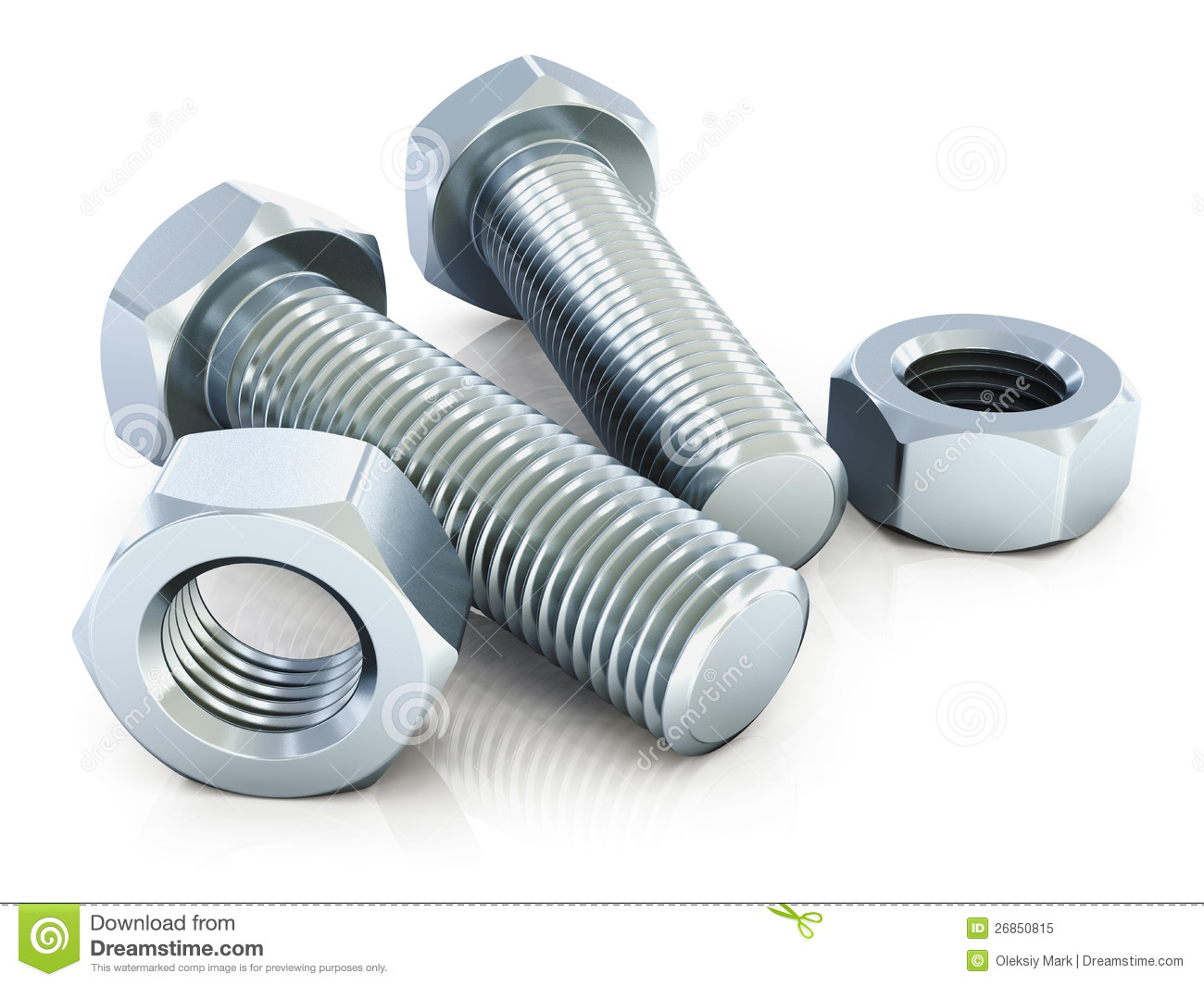 Macro View Of Shiny Metal Bolts And Nuts Isolated On White Background