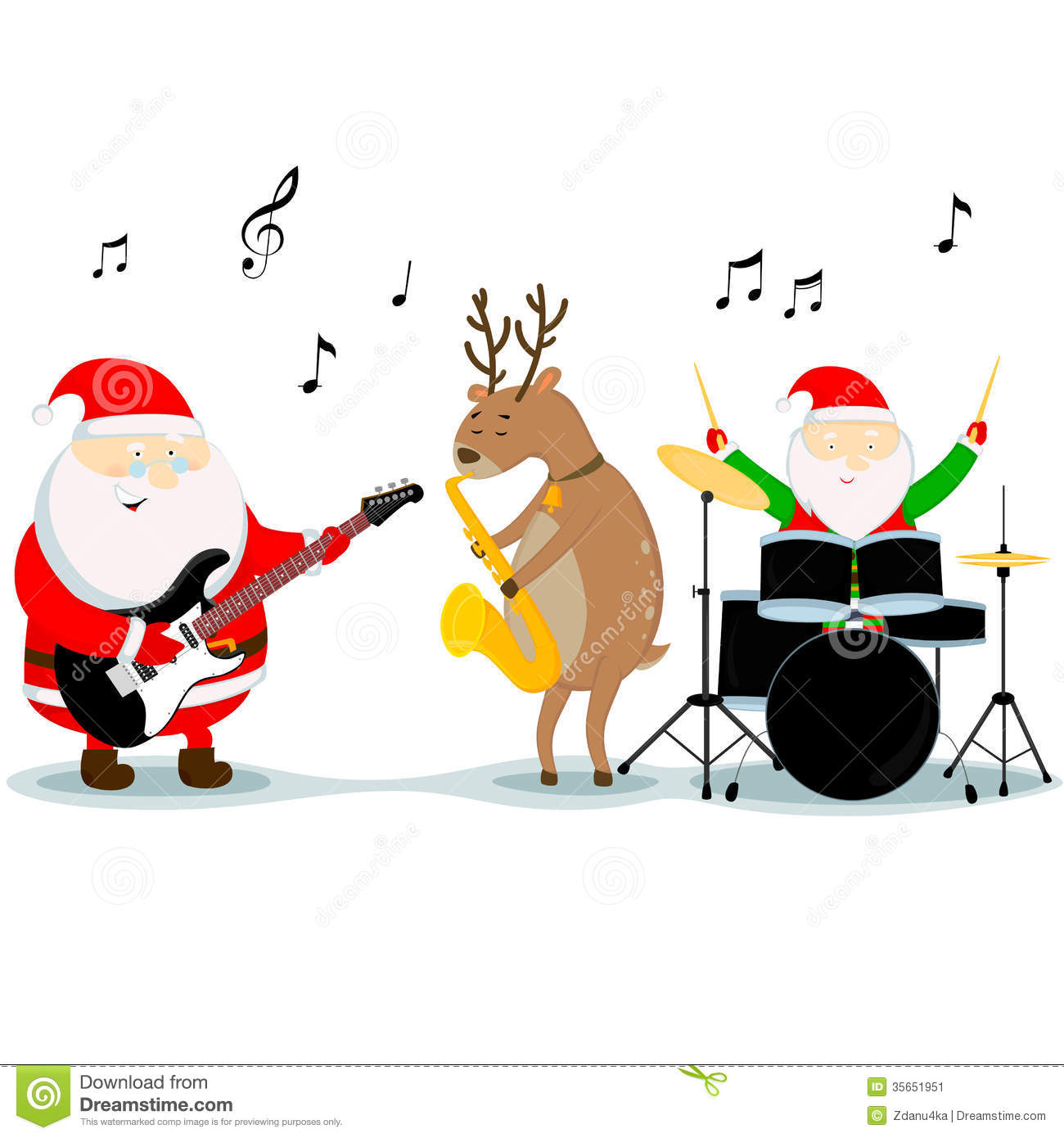 Santa Claus Reindeer And Dwarf Play Musical Instruments 