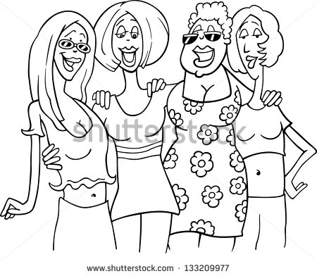 Black And White Cartoon Vector Illustration Of Four Women Friends