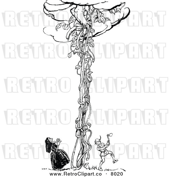 Clipart Of A Retro Black And White Jack Chopping Down The Beanstalk