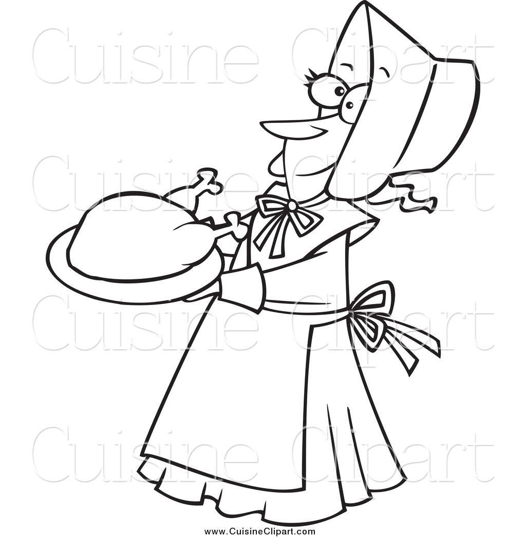 Cuisine Clipart Of A Black And White Happy Lady Pilgrim Serving A    