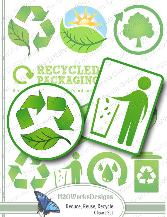 Green Reduce Reuse Recycle Clip Art Set   Transparent Background    
