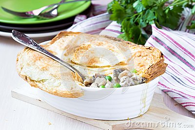 Meat Pie With Stew Of Chicken Mushrooms Peas Puff Pastry Crust