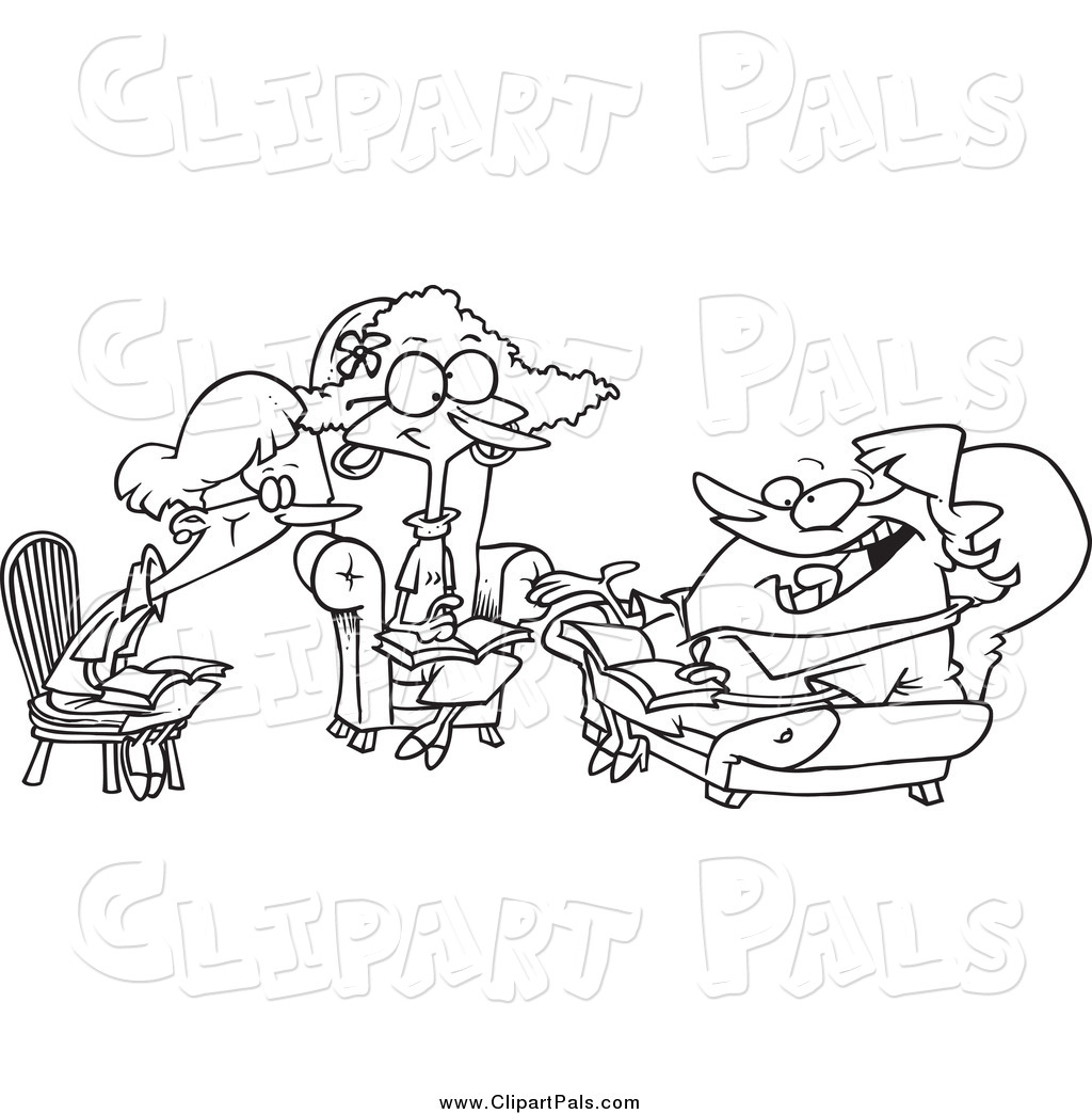 Pal Clipart Of Cartoon Black And White Women Talking During A Book    