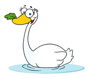 Swan Image Cartoon In A Pond Eating Green Leaf Clipart