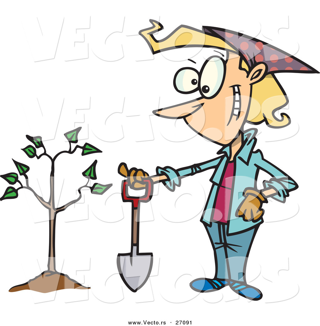 Woman Standing Beside Her New Tree With A Shovel By Ron Leishman