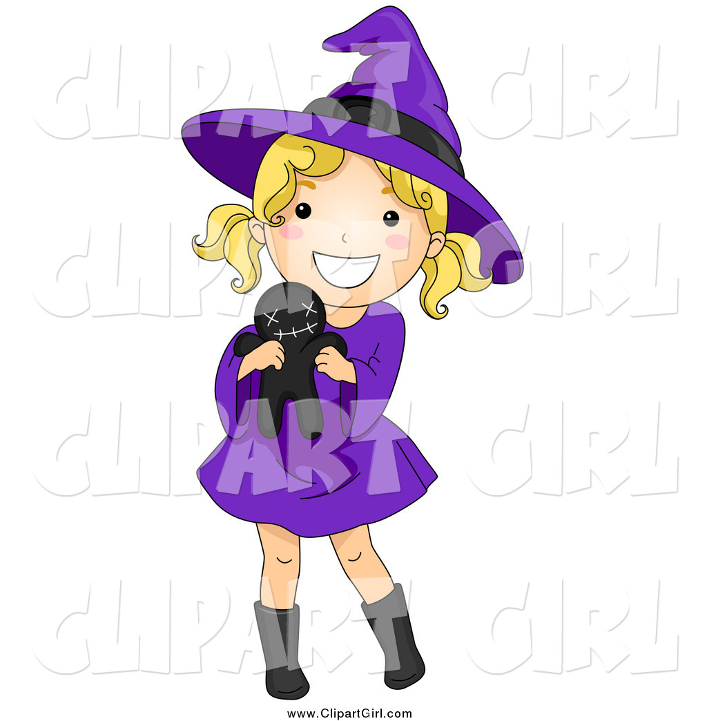 Blond White Halloween Girl In A Witch Costume Holding A Voodoo Doll