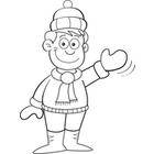 Cartoon Boy In Winter Clothes Waving  Black And White Line Art