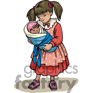 Cartoon Girl Holding A Baby Doll