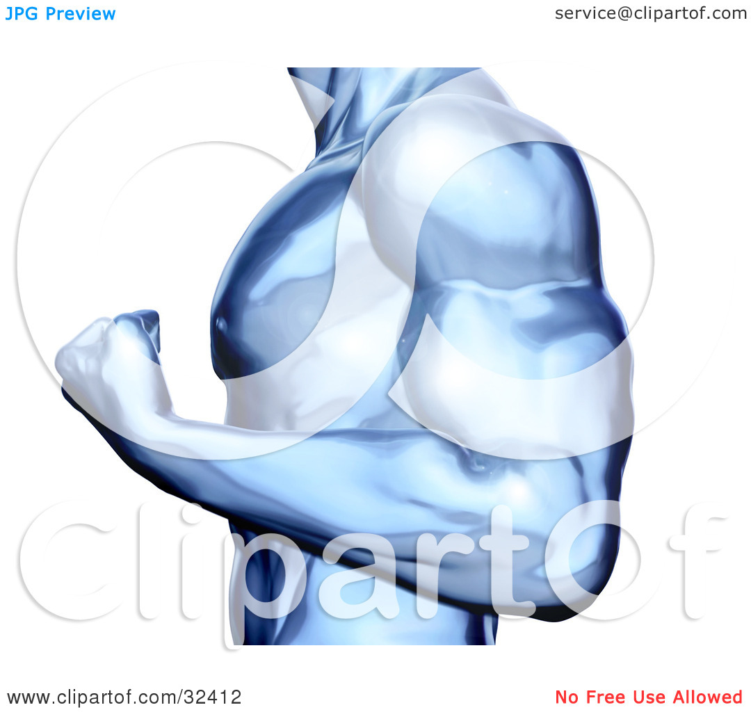 Clipart Illustration Of A Strong Blue Chrome Male Body Builder Flexing