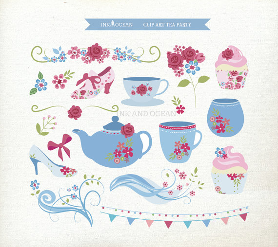 Digital Clip Art Cute Vintage Roses Tea Party Princess Invitations    