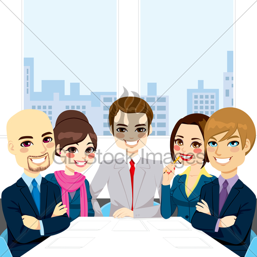 Five Businesspeople At Office Smiling Together
