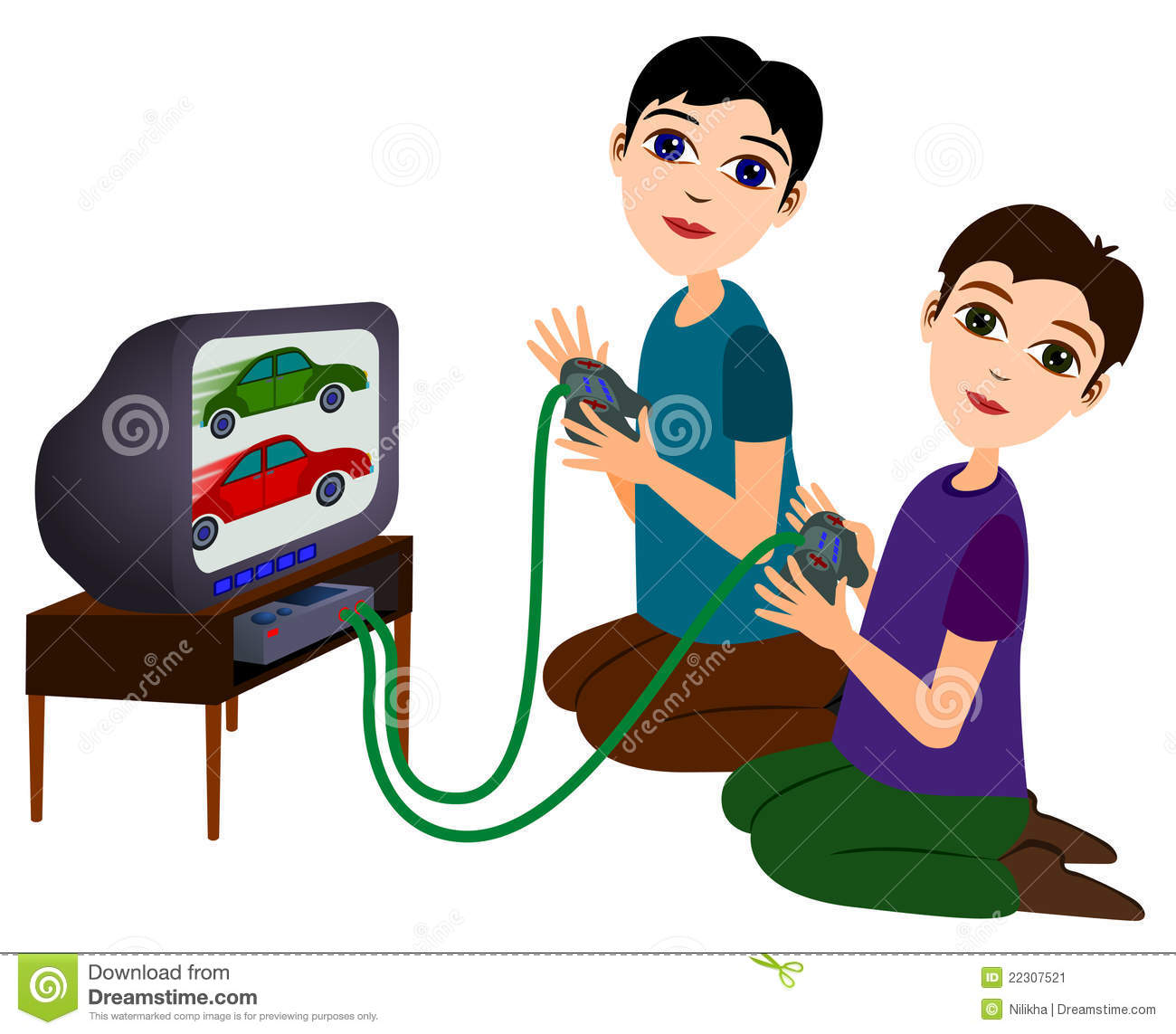 Illustration Of Two Cute Cartoon Boys Playing A Video Game
