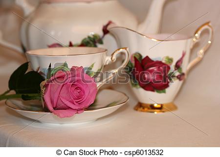 Photo Of Tea Rose With China Tea Set   Pink Tea Rose With China Tea    
