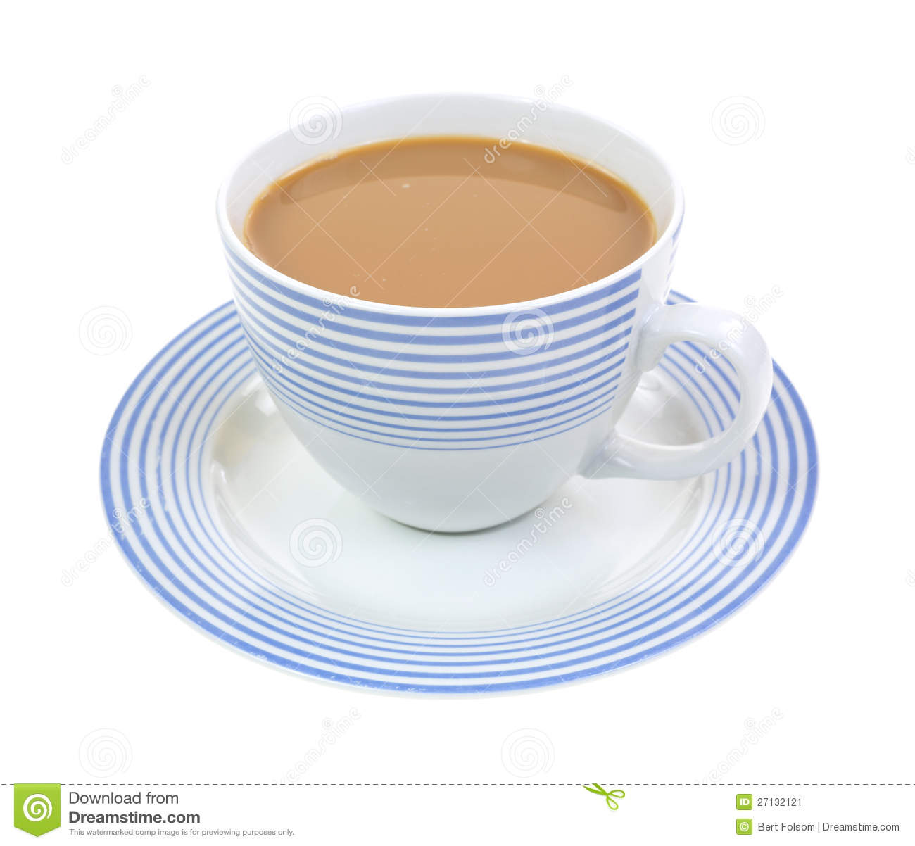 Serving Of French Vanilla Coffee Latte In A Blue Striped Cup And