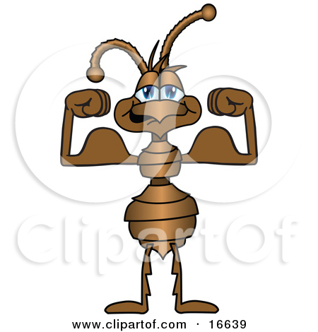 Strong Ant Bug Mascot Cartoon Character Flexing His Bicep Arm Muscles