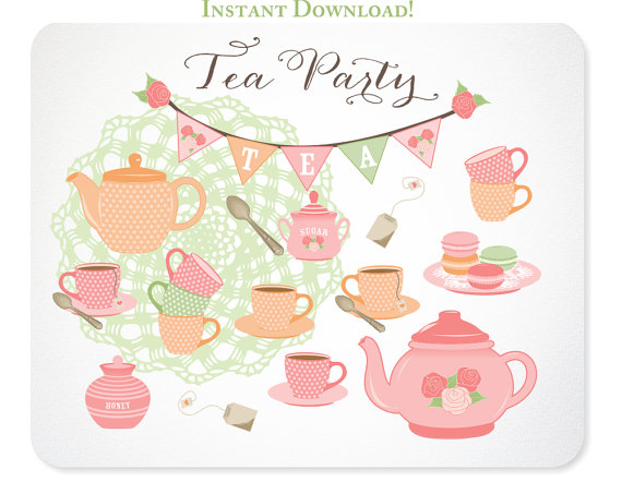 Tea Party Clipart   Pink Rose   Doily Bunting Tea Set Macarons    