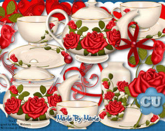     Tea Set Red Roses Cards Roses Clipart Digital Elements Tea Time