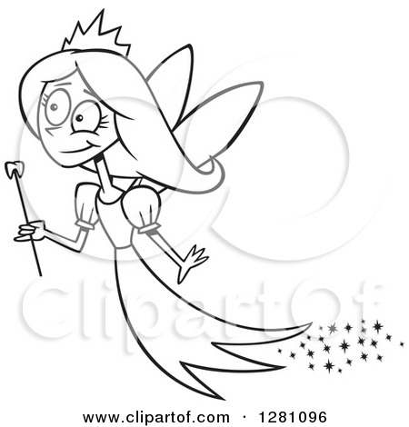 Black And White Cartoon Happy Tooth Fairy Girl Flying With A    By Ron