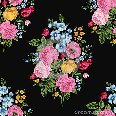     Bouquet Of Colorful Flowers On A Black Background  Pink Roses Tulips