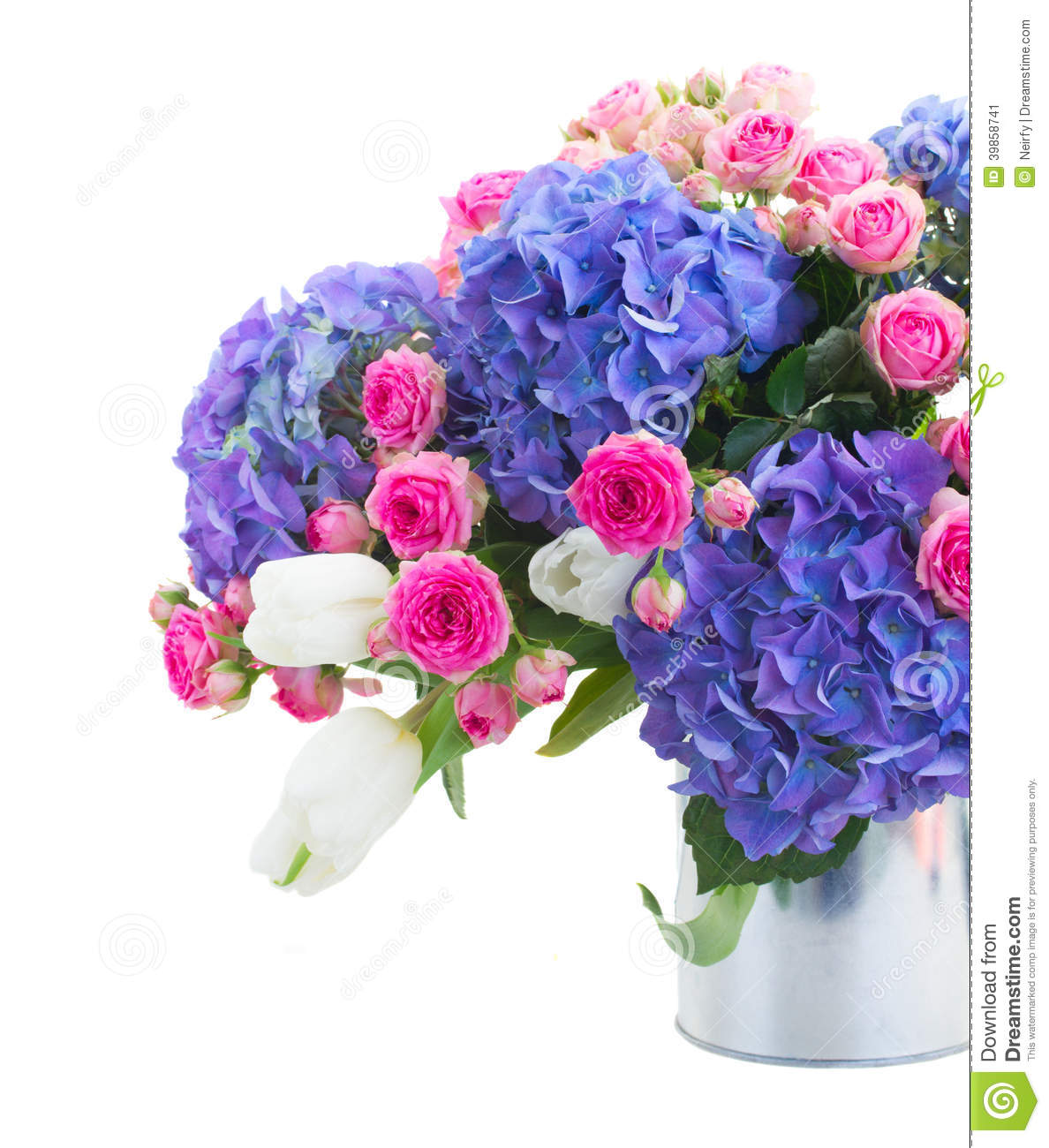 Bouquet Of White Tulips Pink Roses And Blue Hortensia Flowers Stock    