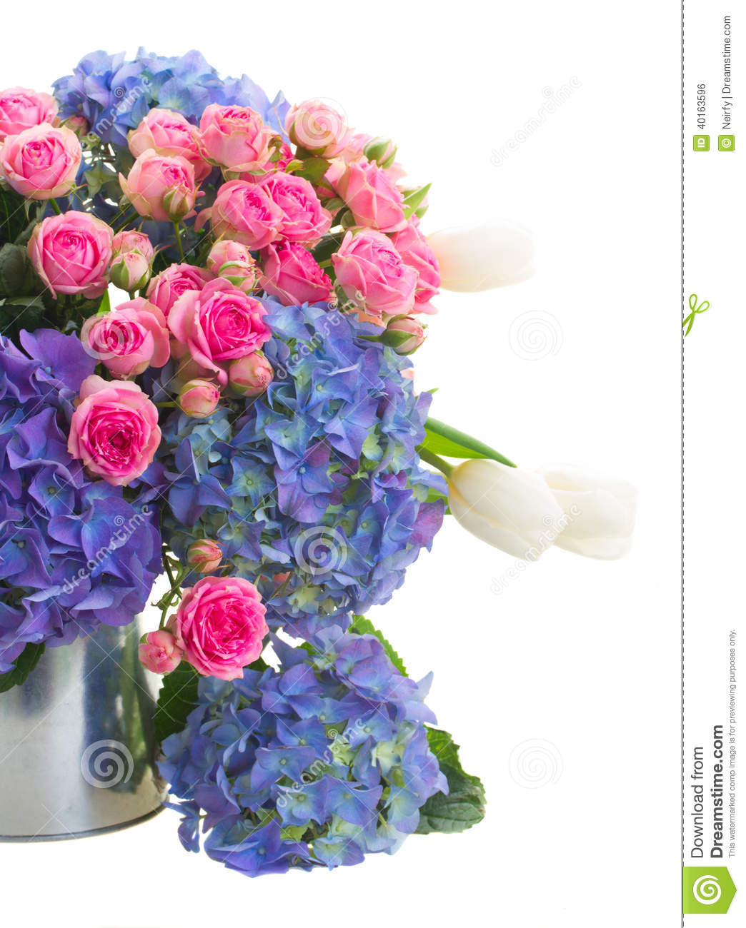 Bouquet Of White Tulips Pink Roses And Blue Hortensia Flowers Stock    